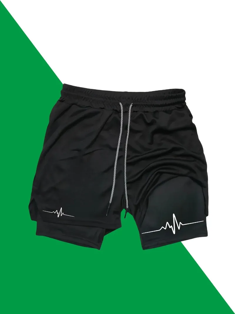 

2-in-1 Men's Quick-Dry Athletic Shorts with Wave Line Print Breathable Running Gym Training Shorts with Phone Pocket Towel Loop