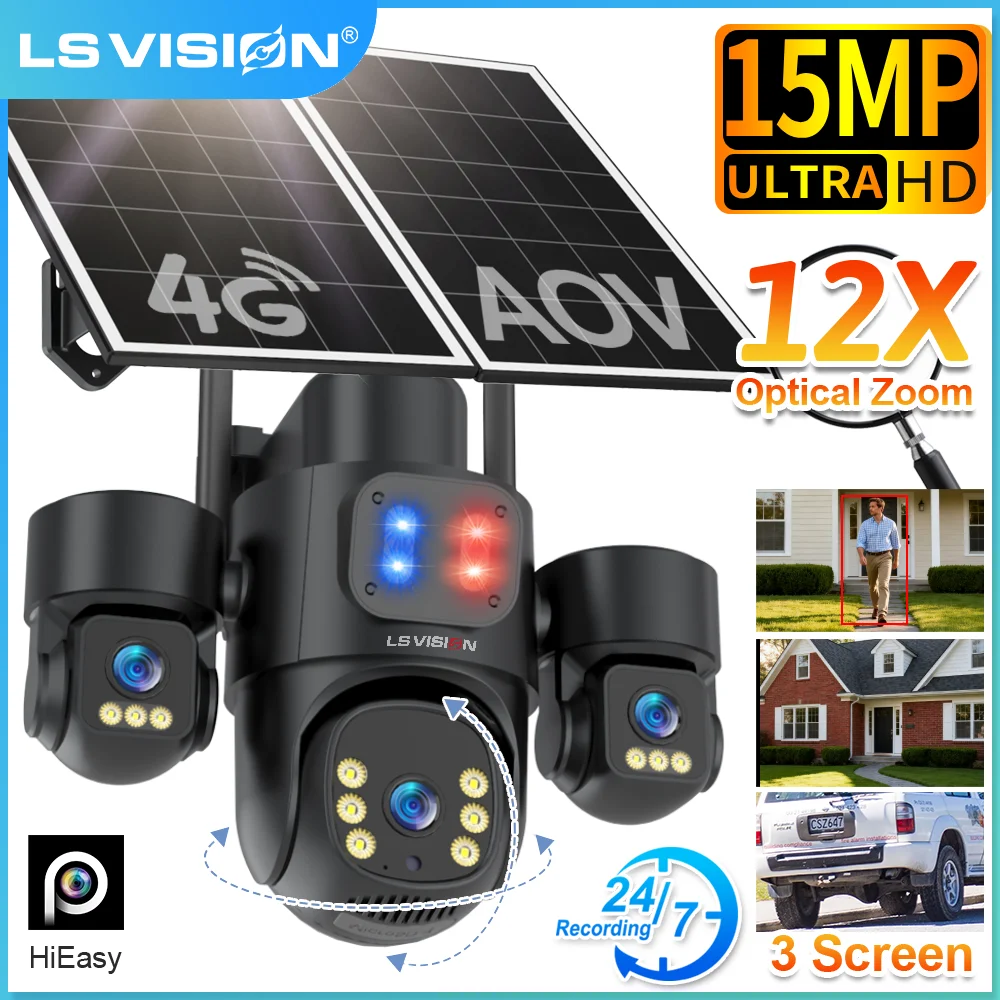 

LS VISION 15MP 3-Screen AOV Solar Camera 4G SIM Outdoor 12X Zoom 24/7 Recording PTZ PIR Detect Auto Tracking Security Camera
