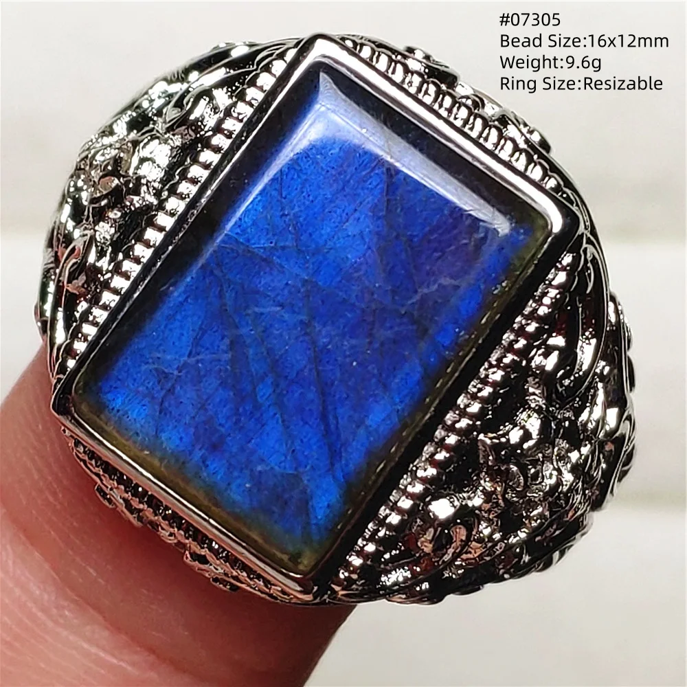 Natural Blue Light Labradorite Adjustable Ring Men Big Rectangle Deep Blue Labradorite Resizable Flash Beads Jewelry AAAAAA