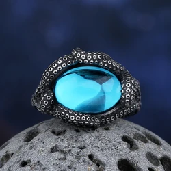 Vintage New Fashion Charm Stainless Steel Seaman Octopus Rings With Blue Zircon Men Anel Puck Jewelry Halloween Gift