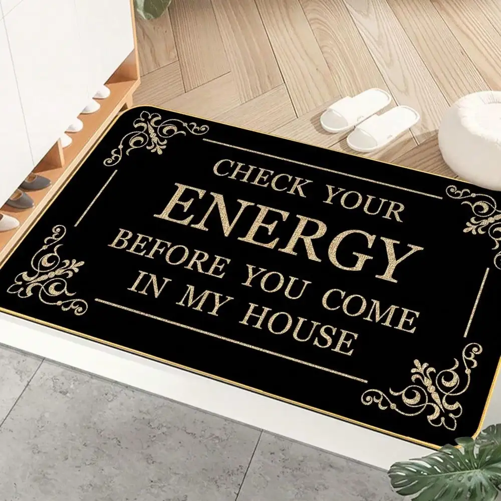 

Black Gold Script Doormat 16x24in Non-Slip Entry Rug with Ornate Border