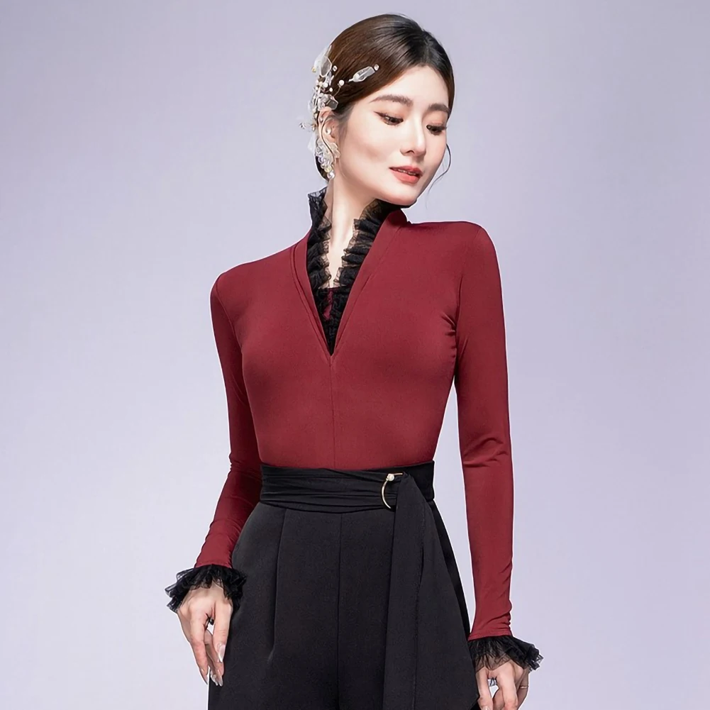 بدلة رقص لاتينية لممارسة الرقص على الطراز الجديد للسيدات بدلة رقص تشا تشا برقبة على شكل حرف v بقصة ضيقة وأكمام طويلة أداء سامبا