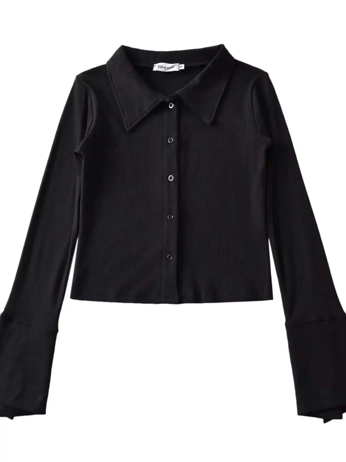 Autumn New Light Mature Polo Collar Single Breated Flared Sleeve Shirt Women Cinching Waist Solid Slim Casual Top AUHB