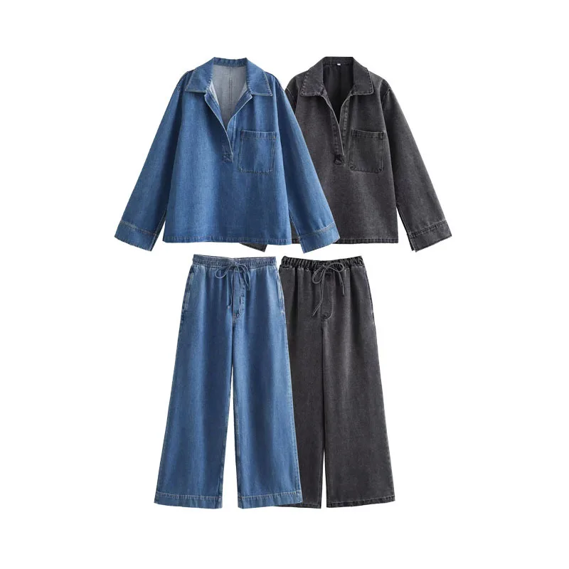 

Jeans Suit Women 2 Piece Sets Denim Top Straight Wide Leg Pants Pockets Drawstring Lace Up Trousers Ensemble Streetwear Outfits
