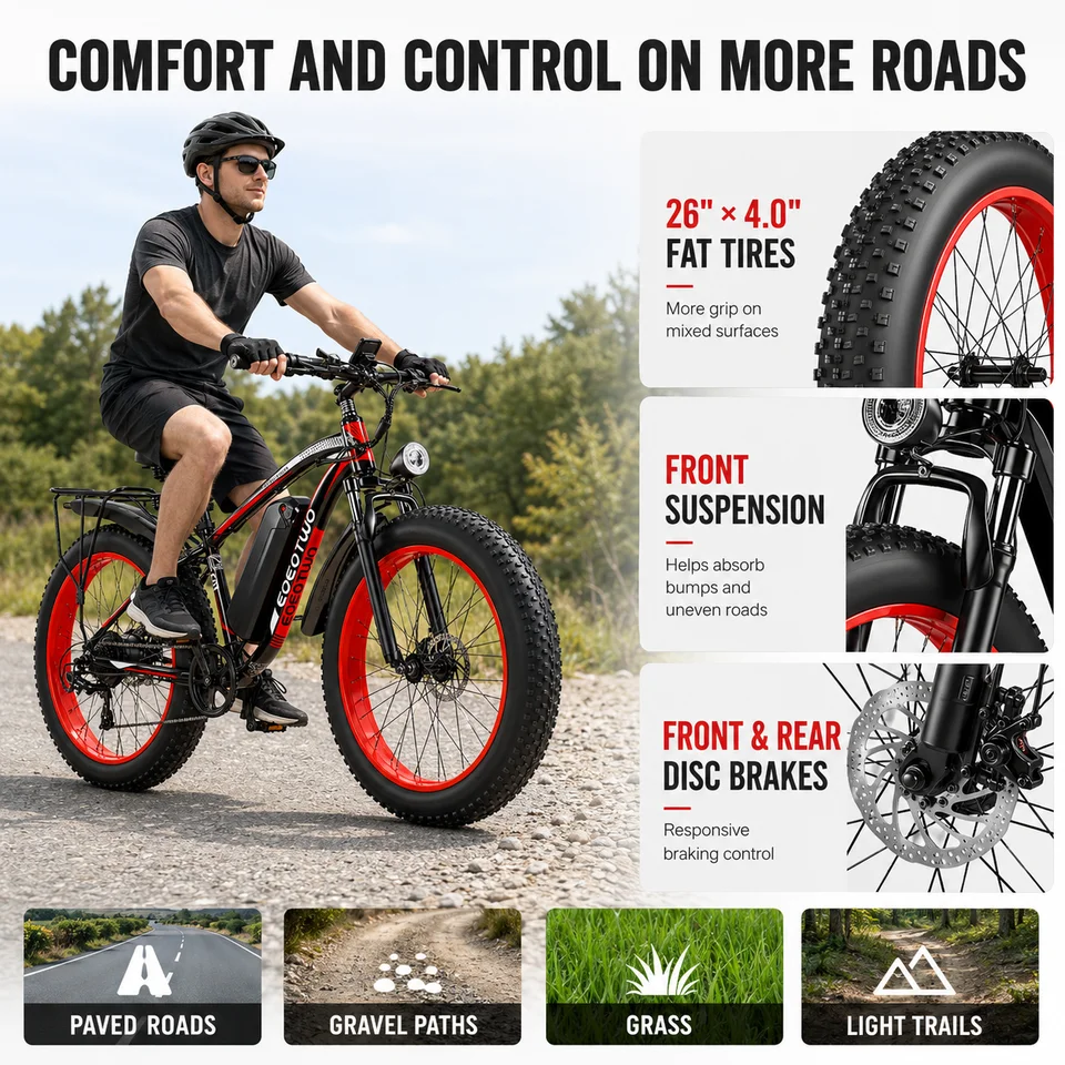 EOEOTWO 26" Fat Tire Electric Bike for Adults, 1000W Motor 1500W Peak, 48V 15Ah Battery, 34 MPH Max Speed, Up to 60 Miles Long Range image 11
