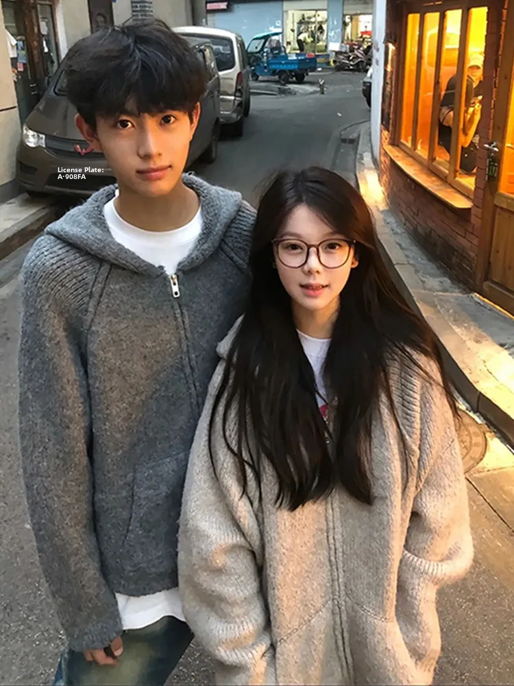 

American Sle Lazy Knitted Cardigan Jaet Men's Autumn Winter High Sensation Cool Hat Design Sweater Couple Loose Fit Casua...