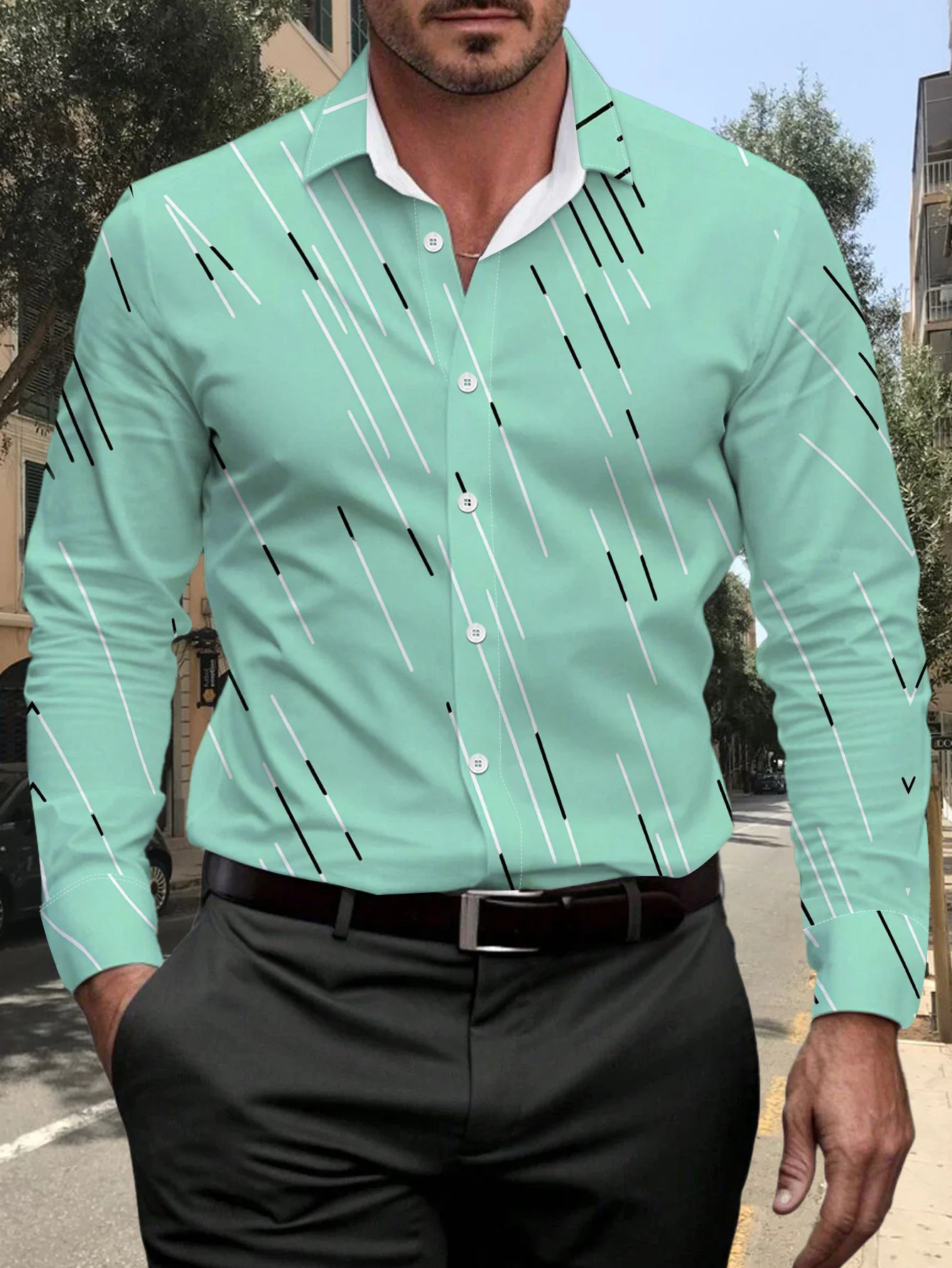 Men's Shirt Long Sleeve Diagonal Line Geometric Print Turn‑Down Collar Button Front Loose Casual Autumn Streetwear Men Clothes