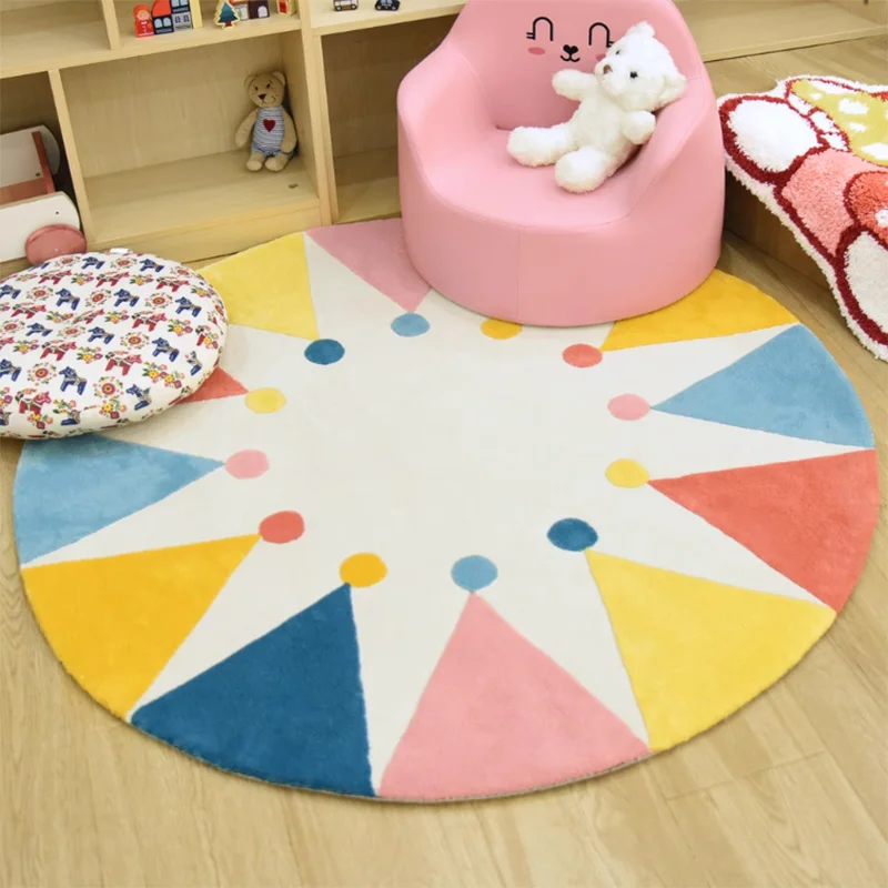 Colorful Geometric Round Play Mat for Kids Nursery Decor Soft Plush Baby Activity Carpet Rug for Living Room Home Use