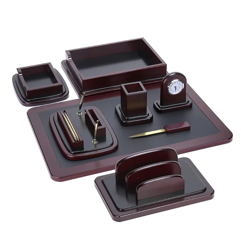8-Piece Wooden and Leather Desk Set Desk Storage Desk Accessories Office Desktop Storage