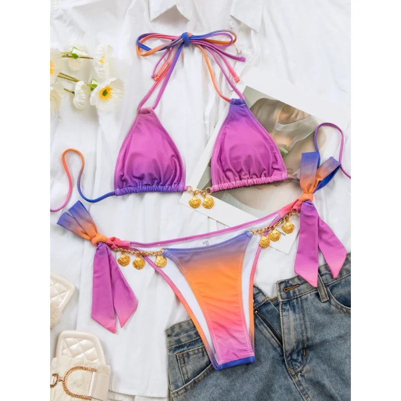 Sexy bikini with straps and gradient print, luxurious shell accessories, two-piece swimsuit