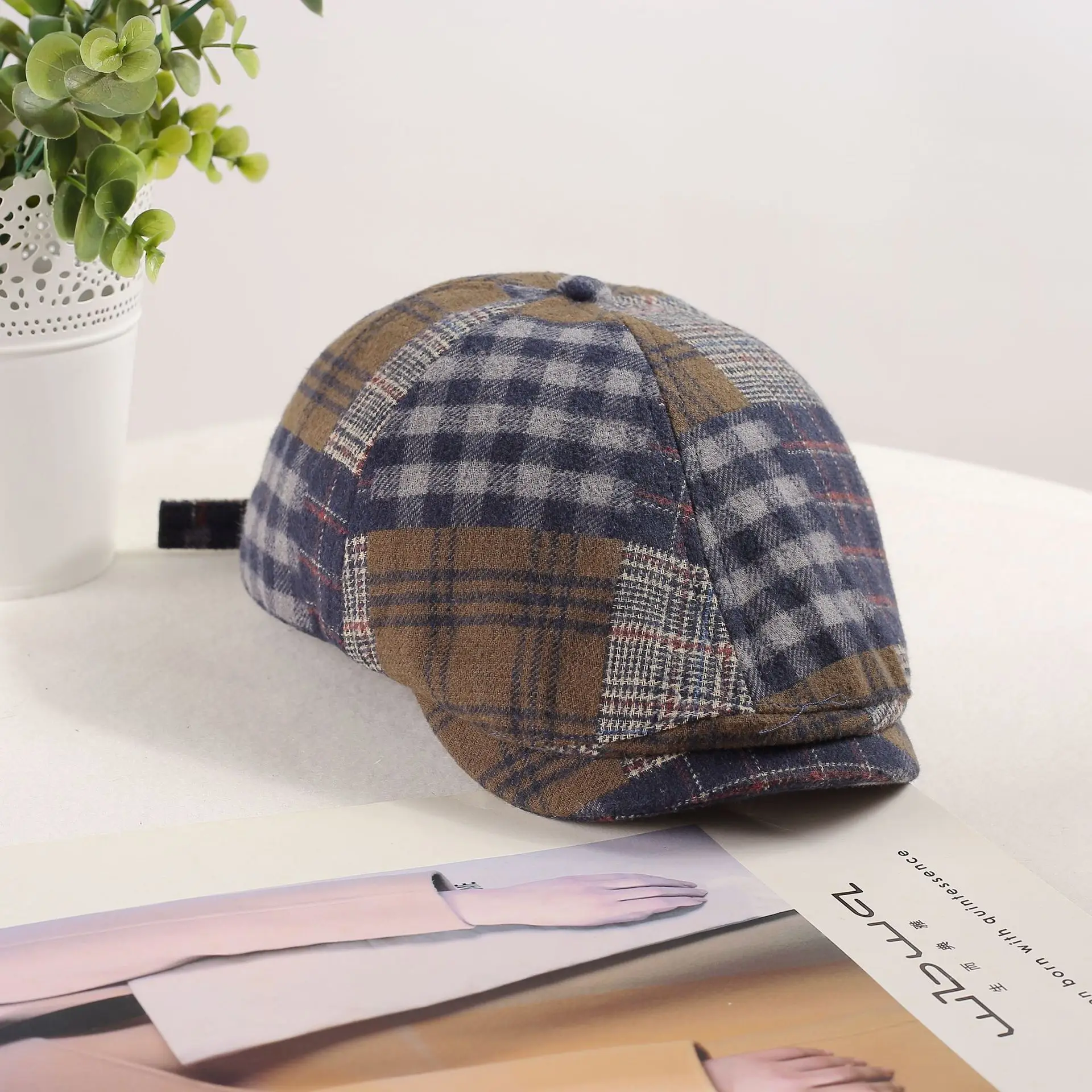 

Oversize Beret Hat Vintage Color Block Newsboy Cap Women Face Slimming Design Fashion Travel Hat Autumn Spring
