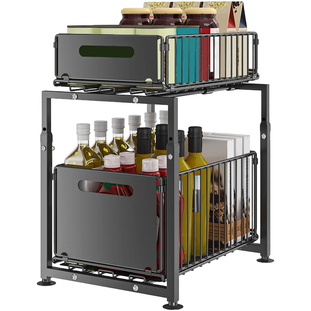 1 Set Shelf Adjustable Length From 41cm-49cm Adjustable Under Sink Organizer Pull Out Cabinet Storage Basket With Multi Layer