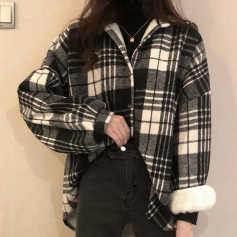 Thick Women Shirts Winter Warm Long Sleeve Vintage Plaid Female Button Up Coffee New Laides Coats Korean Casual Tops