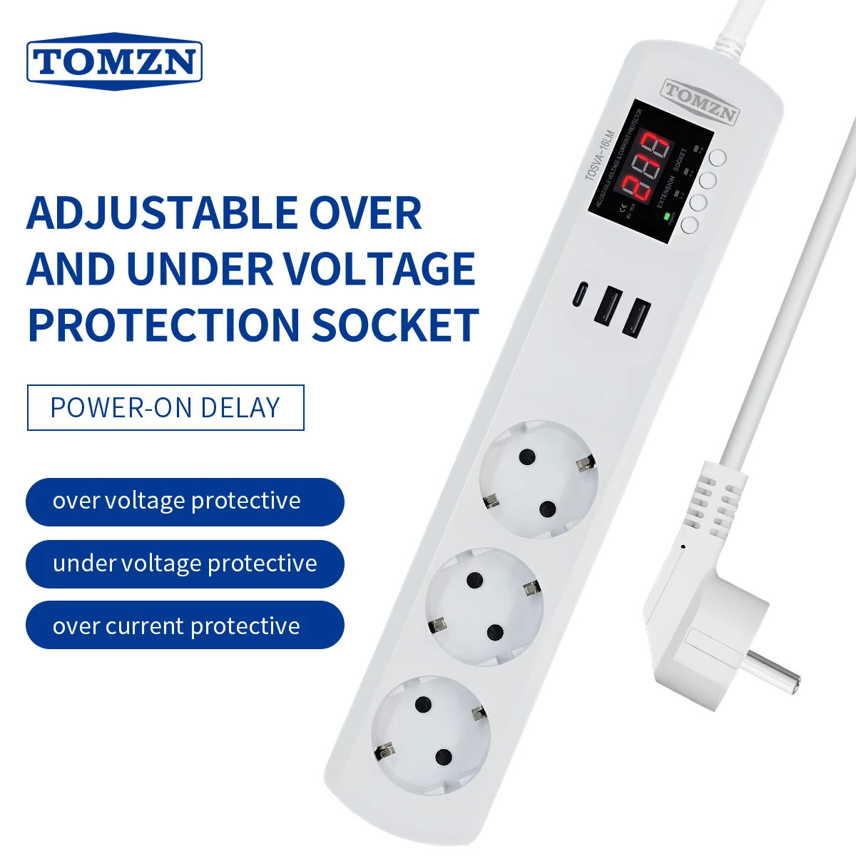 

TOMZN TOSVA-16LM EU Plug Socket 3 AC Outlets 2 USB 1 Type-C Auto Voltage Current Protector 220V Adjustable 16A Power Protector