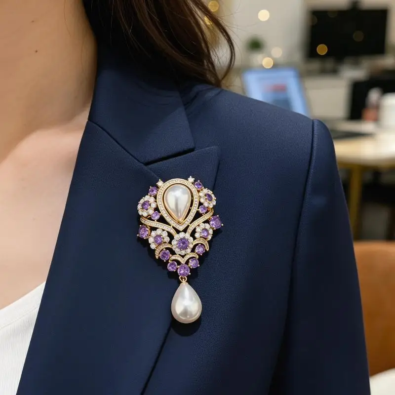 Classic Violet Pearl Pendant Brooch with Rhinestone Embellishments for Festive Occasions