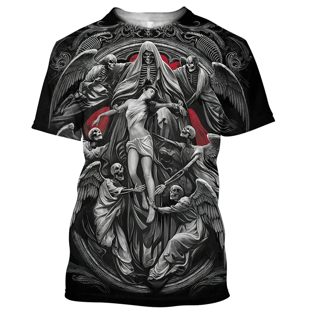 YUHA,Reaper Skull Angel And Demon 3D Printed All Over Men's T-shirts Summer Fashion Harajuku Short Sleeve Shirts Unisex Tops Tee