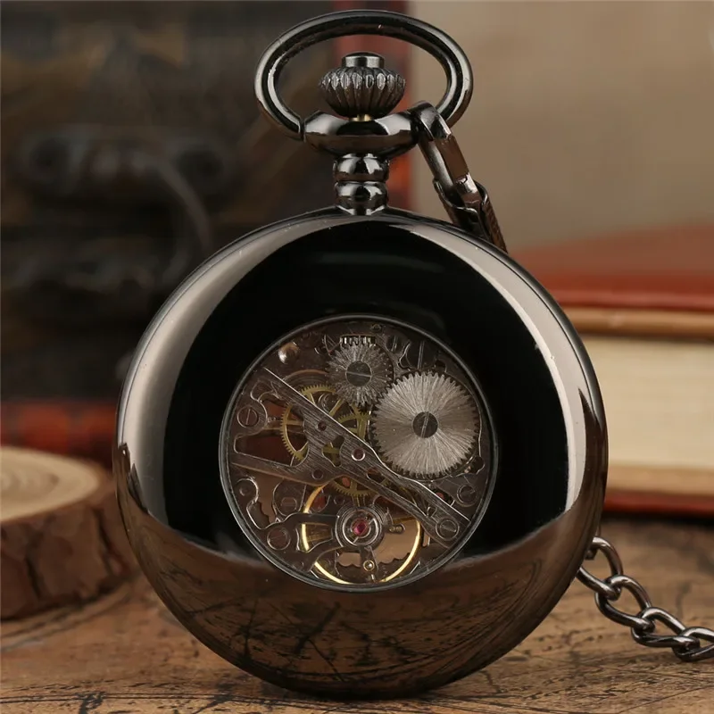 Antique Black Manual Mechanical Hand Wind Mechanical Pocket Watch Hollow-Out Case Roman Numeral Dial Pendant Chain Gift Reloj