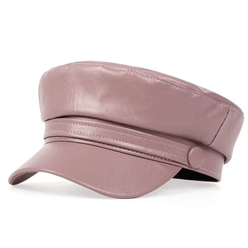 Ladies New Trendy Casual Pu Leather Flat Top Beret Women Men Octagon Hat Hot Sale