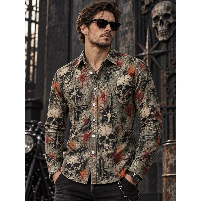 Dark Punk Biker Style Men'S Casual Shirt, Street Rock Trendy Top, Halloween Party Festival Outfit, Vintage Trendy Menswear