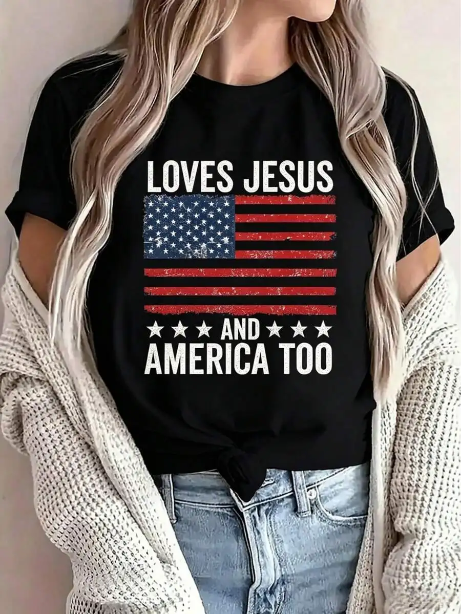 Loves Jesus And America Too God Christian 4th Of July T-Shirt Print Crew Neck T-Shirt For Summer, Women's Soft Short Sleeve Top, Stylish Comfy Tee For Women Graphic Tees