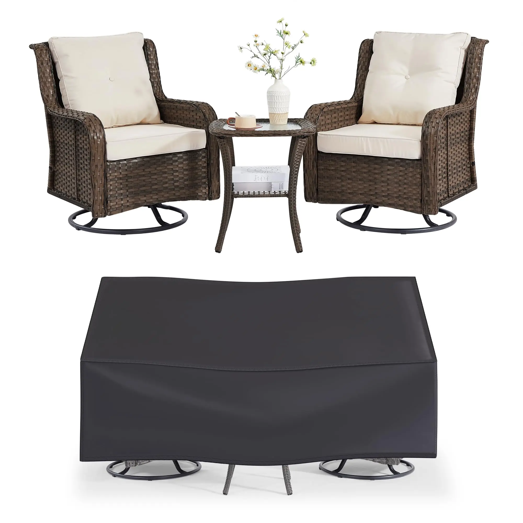 Patio Furniture Sets, 3 Pieces Wicker Outdoor Furniture - 360 Degree Swivel Rocking Chairs and Rattan Side Table for