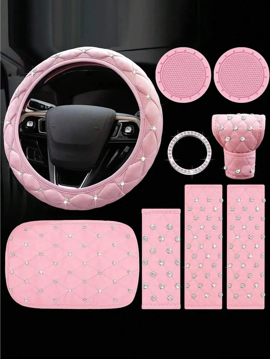 9pcs/4pcs Shiny Rhinestone Car Interior Accessories Set, Soft Leather Steering Wheel Cover, Gear Shift Cover, Handbrake Cover