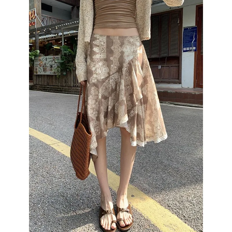 Retro Floral A-word Skirt Women's 2026 Spring and Summer New Irregular Medium and Long Skirt Hip-wrapped Lace Skirt