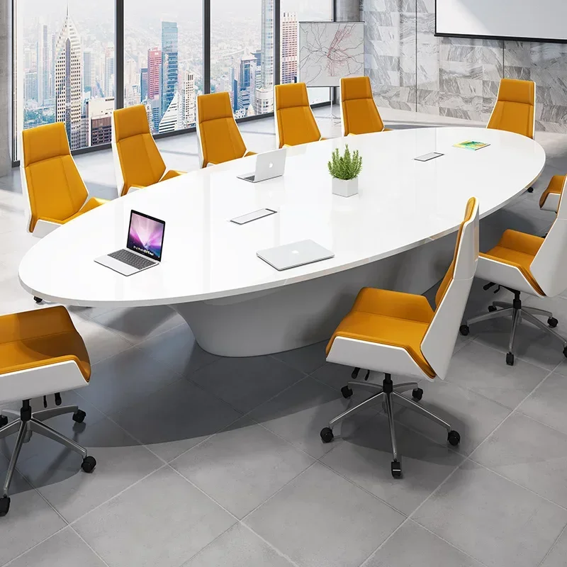 High quality White painted oval conference table, simple modern combination of large and small office desks and chairs