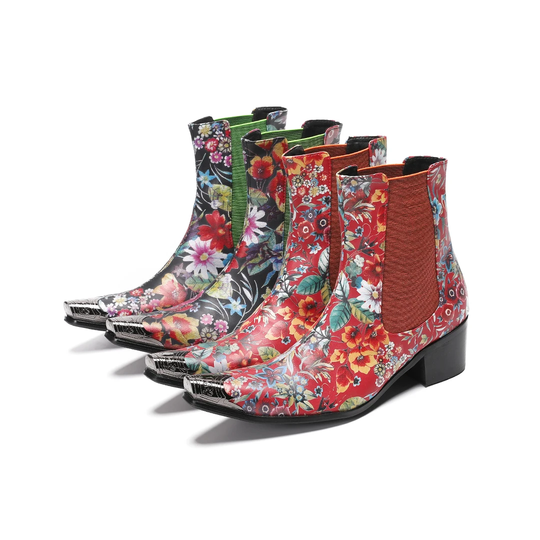 New Men's Printed Ankle Boots Genuine Leather Metal-Accent Pointed-Toe Boots for Parties Nightclubs and The Stage