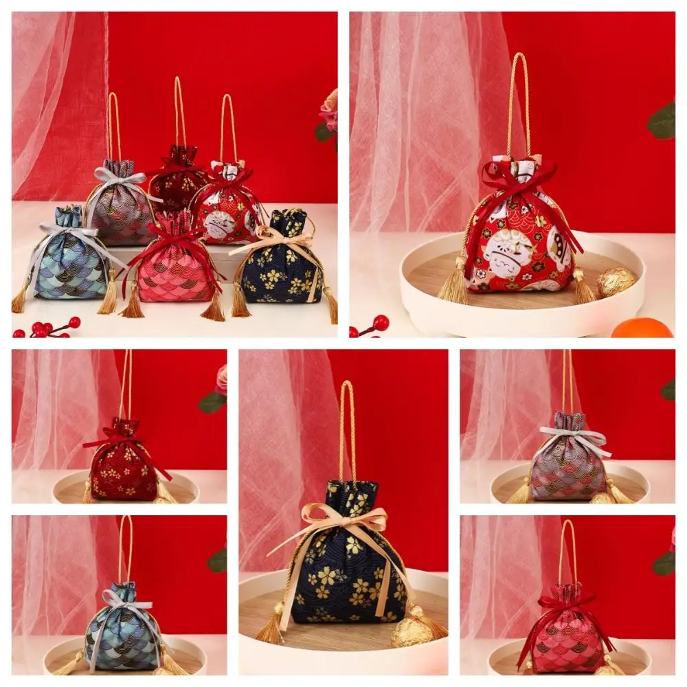 Korean Canvas Festive Sakura Flower Drawstring Bag Ribbon Bow Sugar Bag Lucky Cat Wedding Large Capacity Handbag