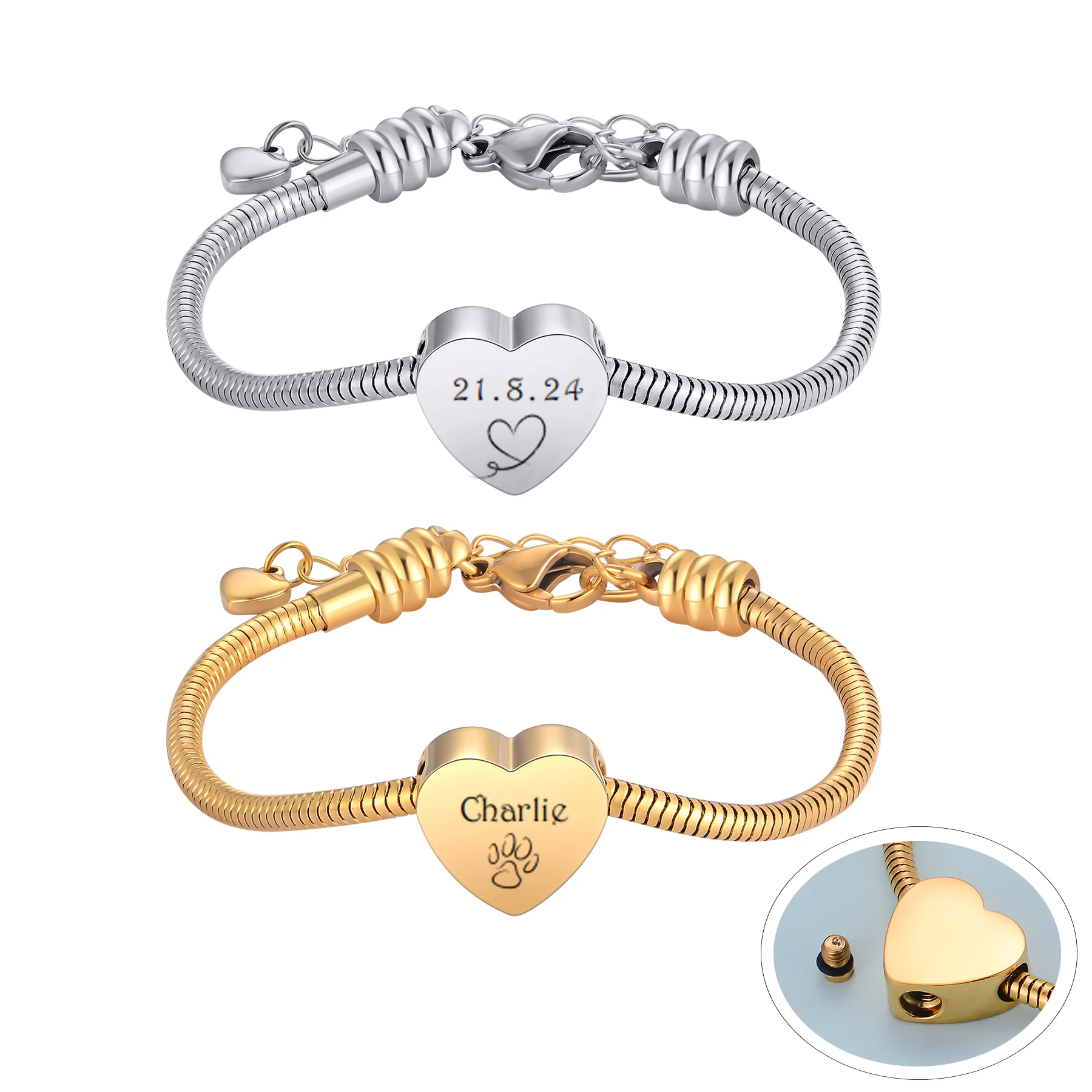 Custom Heart Bracelet for Ashes for Women Men Stainless Steel Cremation Keepsake Memorial Bangle for Human Pet Ashes Holder