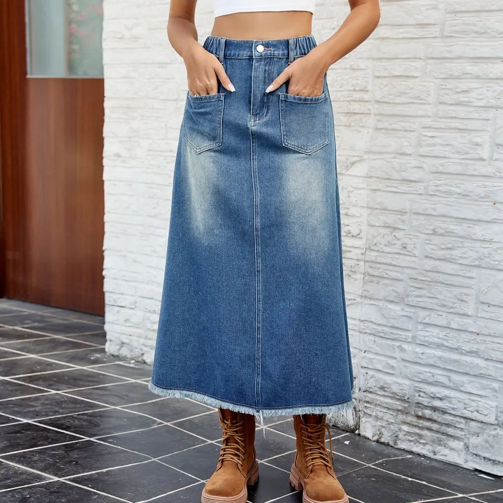 

Women's Spring Summer Washed Frayed Denim Skirt Midi European American Style Independent Station Dress