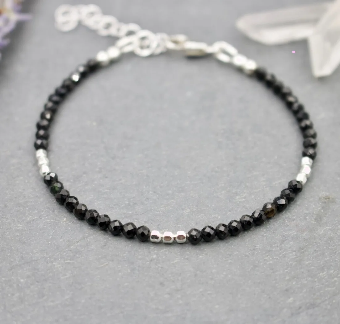 Black Tourmaline Bracelet with Karen Hill  October Birthstone Genuine Gemstone Beaded Crystal Bracelet Black Dainty Bracelet