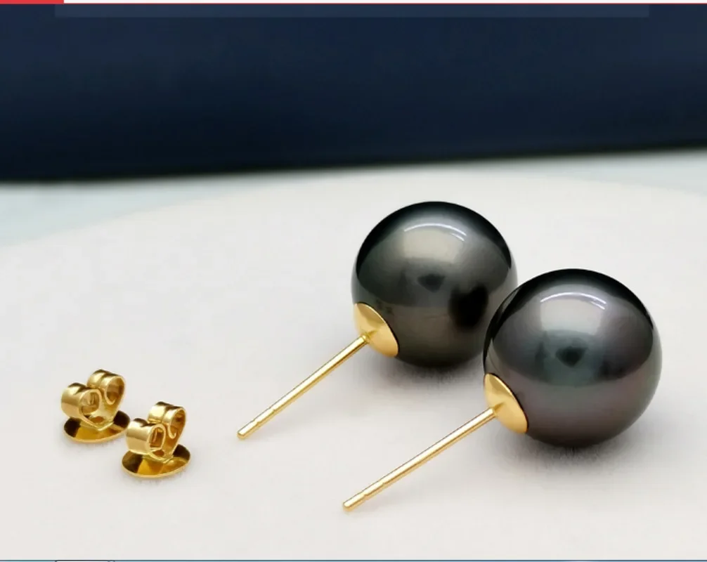 Pair of Natural 13-14mm Genuine Black Round Pearl Stud Earrings for Women  Wedding Party Free Shipping Accessories Dangle ,hook