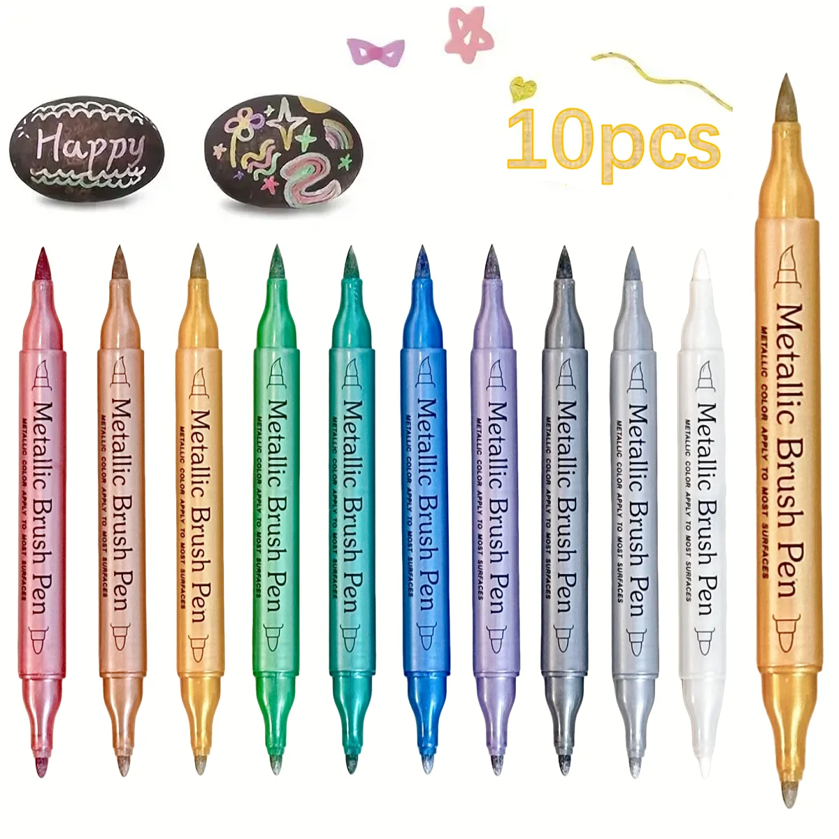 

10 Pcs Metallic Dual Tip Brush & Fine Point Markers - No Bleed, Water-Based Ink, Ideal for DIY, Scrapbooking, Glass, Ceramic