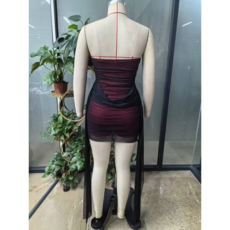 Ärmelloses, trägerloses, bodenlanges Kleid aus Mesh für Damen, gerafftes, figurbetontes Minikleid mit seitlichem, langem Chiffonband für Club- und Abendgarderobe – Detail 9