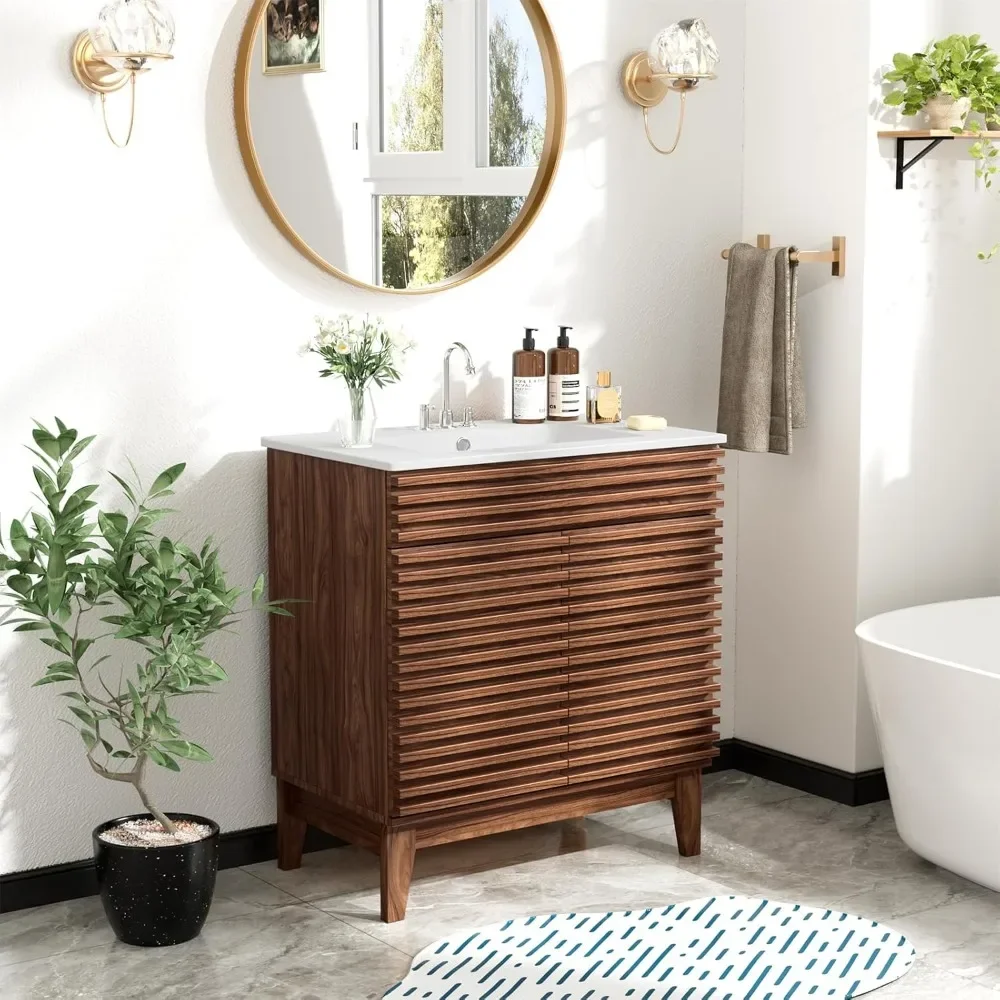 

Bathroom Vanity with Sink, Mid-Century Freestanding Bathroom Vanity Sink with Storage Cabinet, Undermount Ceramic Sink