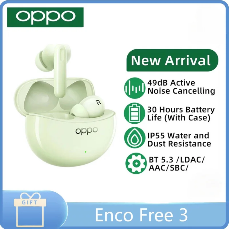 Oppo Enco Free3 True Wireless Earphones, Bluetooth 5.3, Active Noise Cancellation, 49dB, Waterproof and Sweatproof