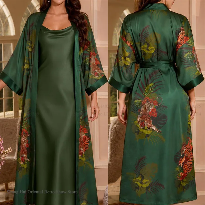 Elegant Female Long Robe Nightgown Set Print Flower Bathrobe Kimono Yukata Silky Satin Homewear Night Dress Loose Loungewear