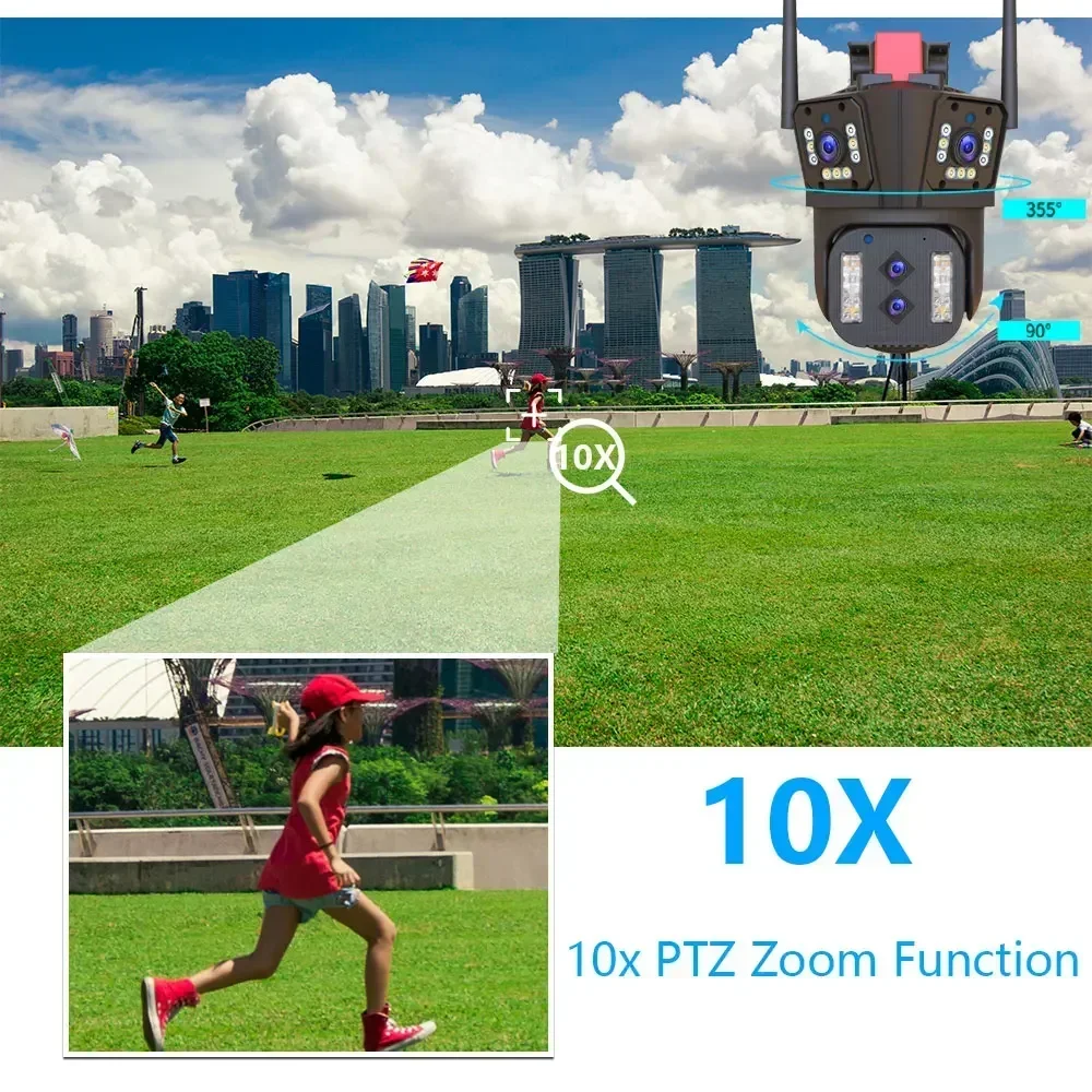 8K 10X Zoom Four Lens Wifi PTZ IP Security Camera Auto Tracking Outdoor Color Night Vision Wireless Surveillance Camera 16MP P2P