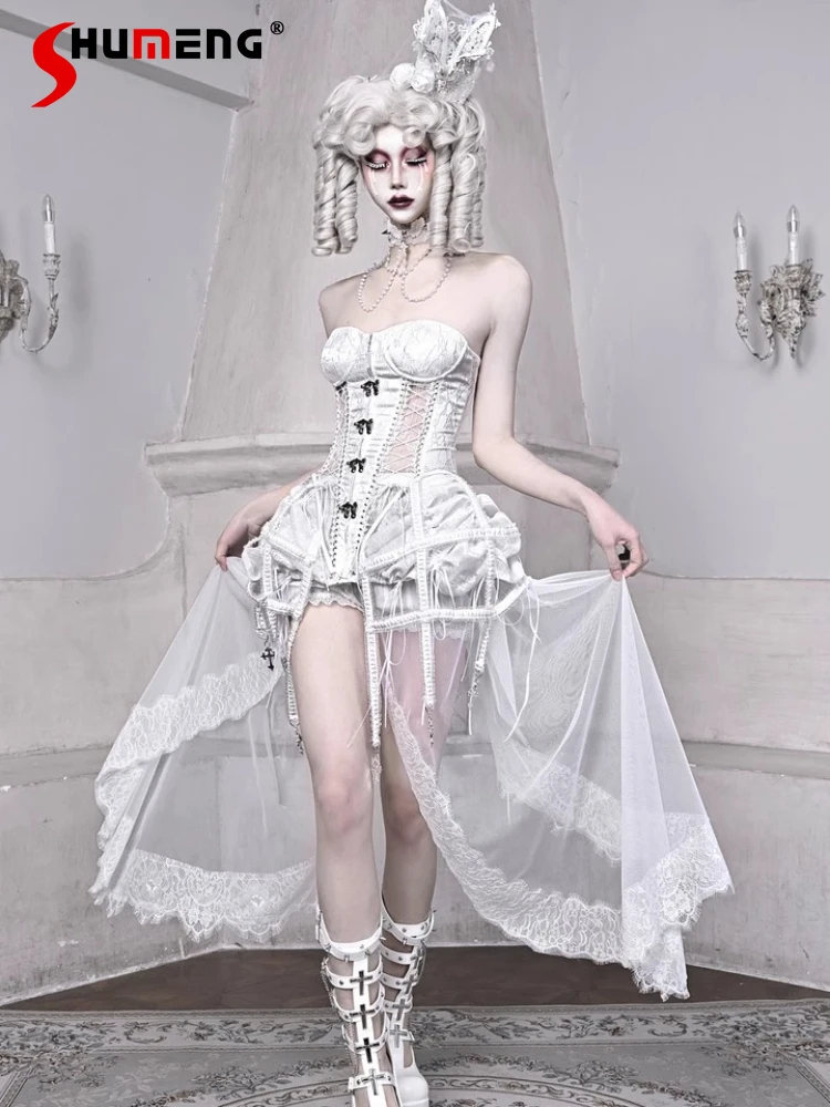 Halloween Gothic Cos Fishbone Top Shorts Mesh Pendulum 3 Piece Sets Girl's Sweet Cool Slim Elegant Heavy Industry Outfits Women