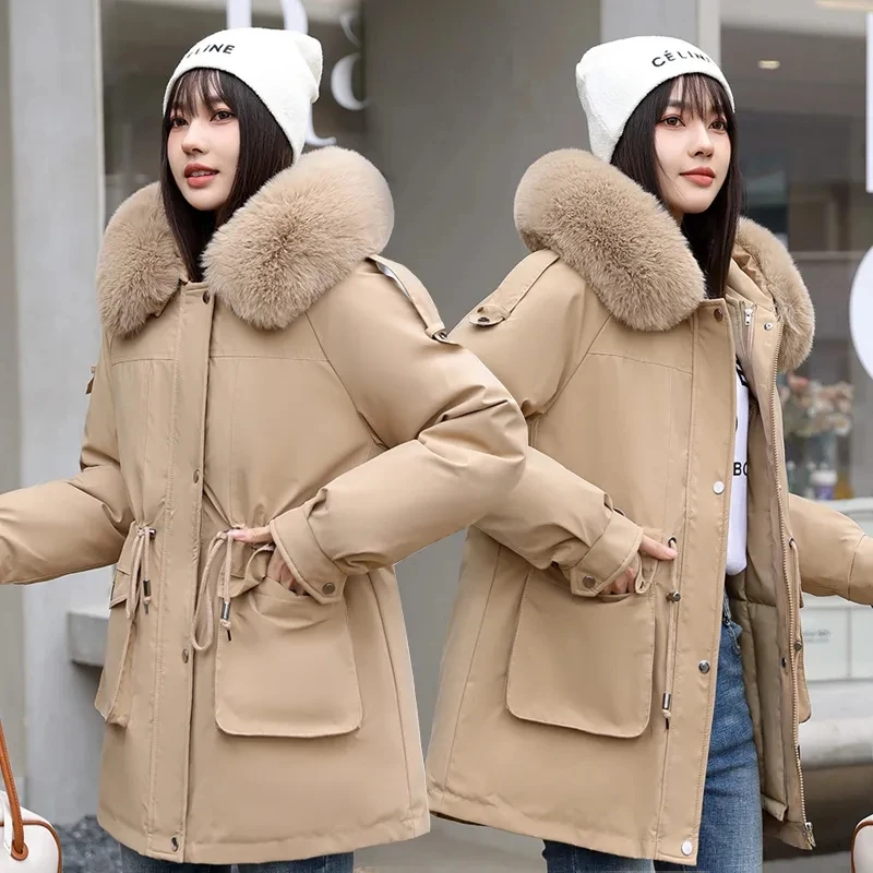 Winter Female Parkas 2024 New Detachable Inner Cotton Jacket Women\'s Thicken Fur Collar Hooded Coat Warm Snow Wear Long Parkas