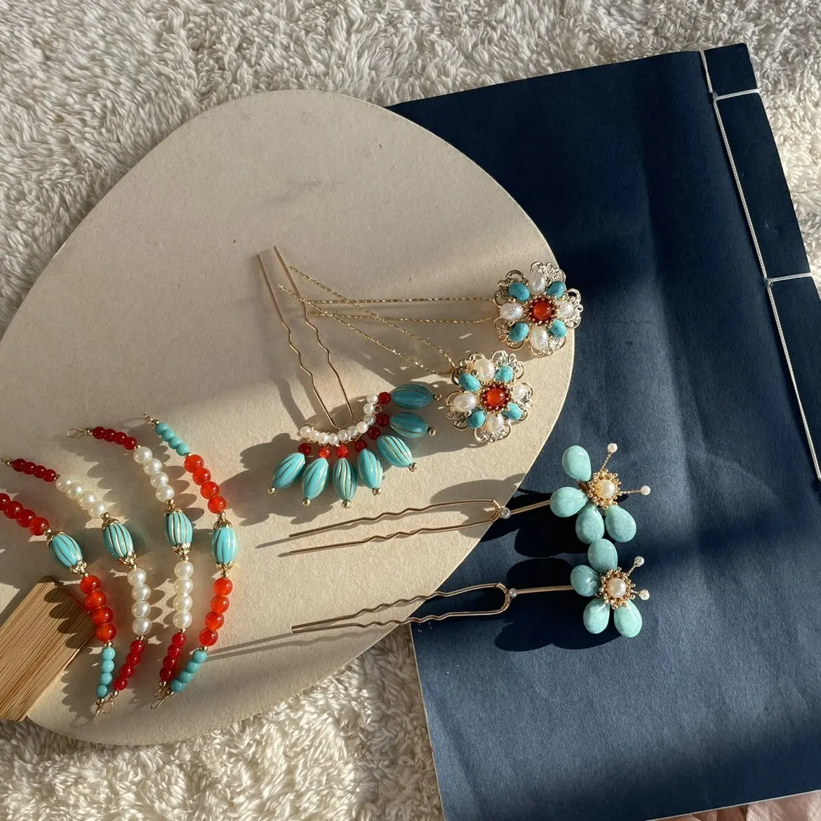Vintage Chinese Hanfu Hair Pins Faux Turquoise Pearl Red Bead U Shaped Hair Sticks Tang Style Side Temple Accessories For Women