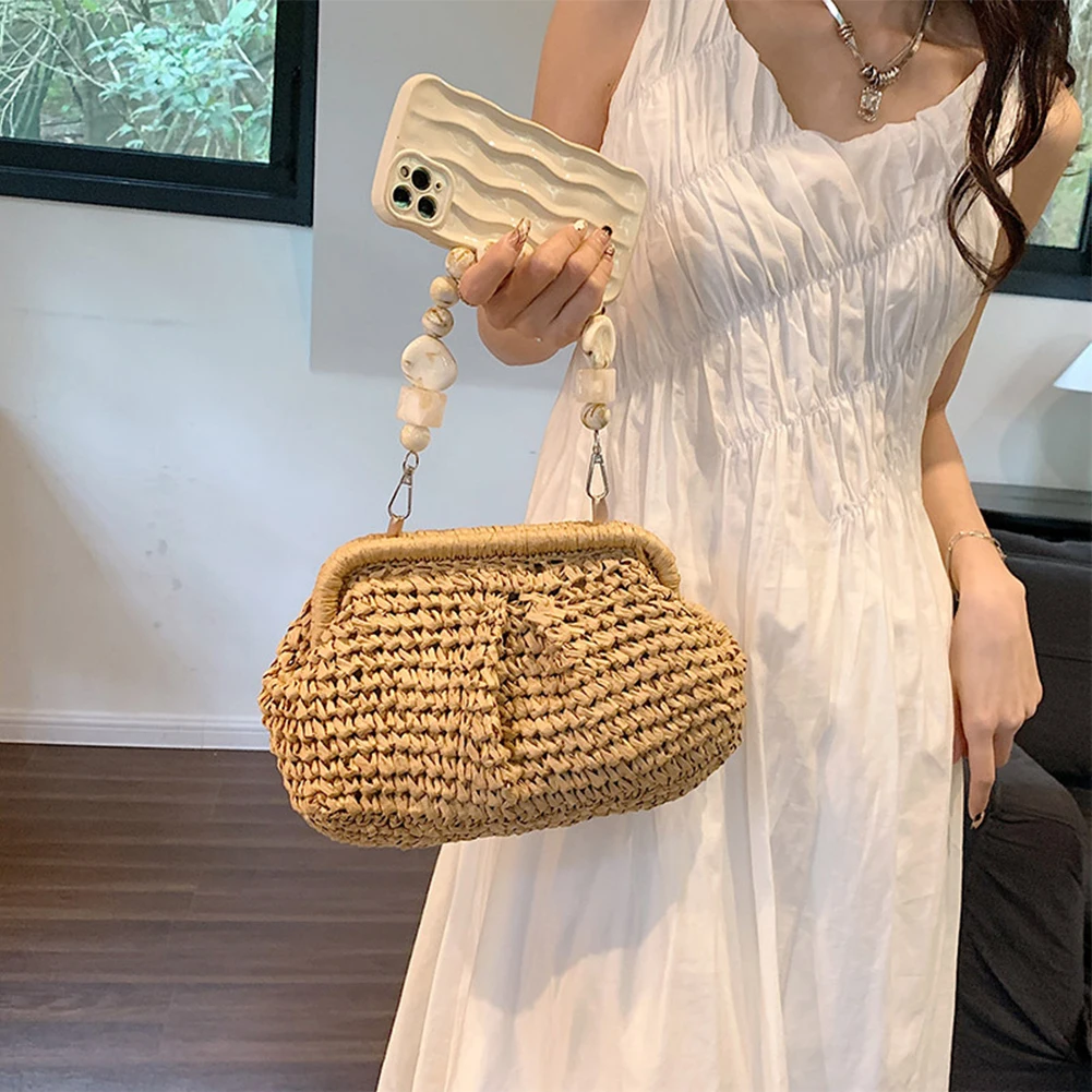 Women Straw Crossbody Bag Clutch Purse Weaving Shoulder Bag Versatile Small Beading Handbag Rattan Boho Summer Beach Woven Bag