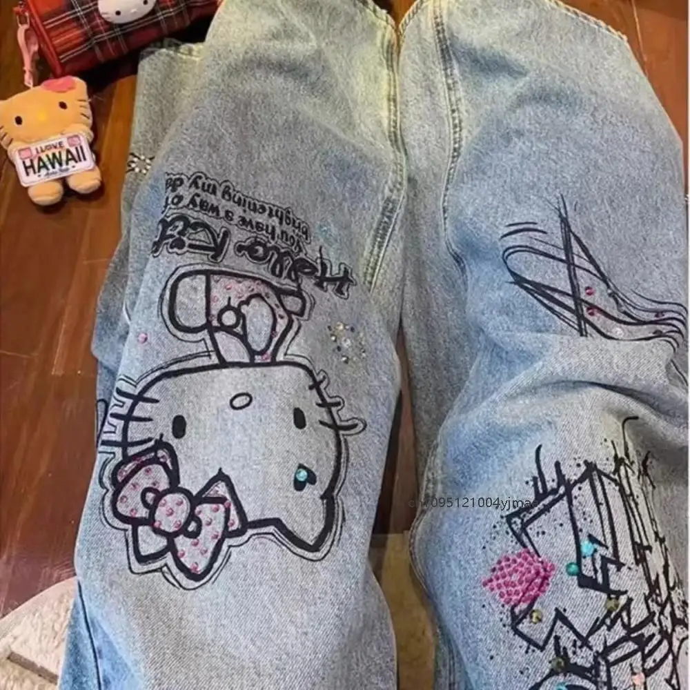 

Женские широкие брюки Hello Kitty Y2K Sanrio, джинсы, уличная одежда, винтажные синие повседневные свободные прямые брюки, модные брюки с героями мультфильмов
