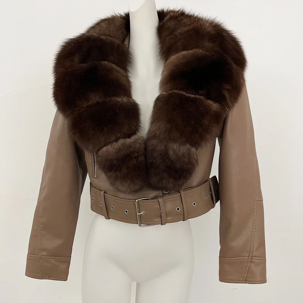 MENINA 2025, Herbst Winter Frauen Schaffell Leder Mantel mit Großen Echten Fuchs Pelz Kragen Jacke Pelzigen Winter Warme Slim Fit Kleidung