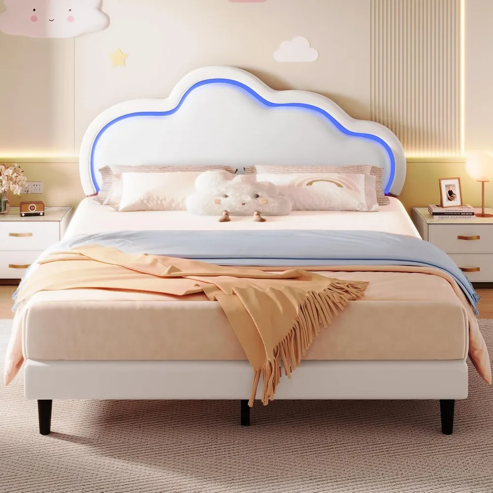 Large Mattress Bedstead, Intelligent LED Bedstead, with Adjustable Cloud Headboard, Large Platform Bedstead, with Plank Support