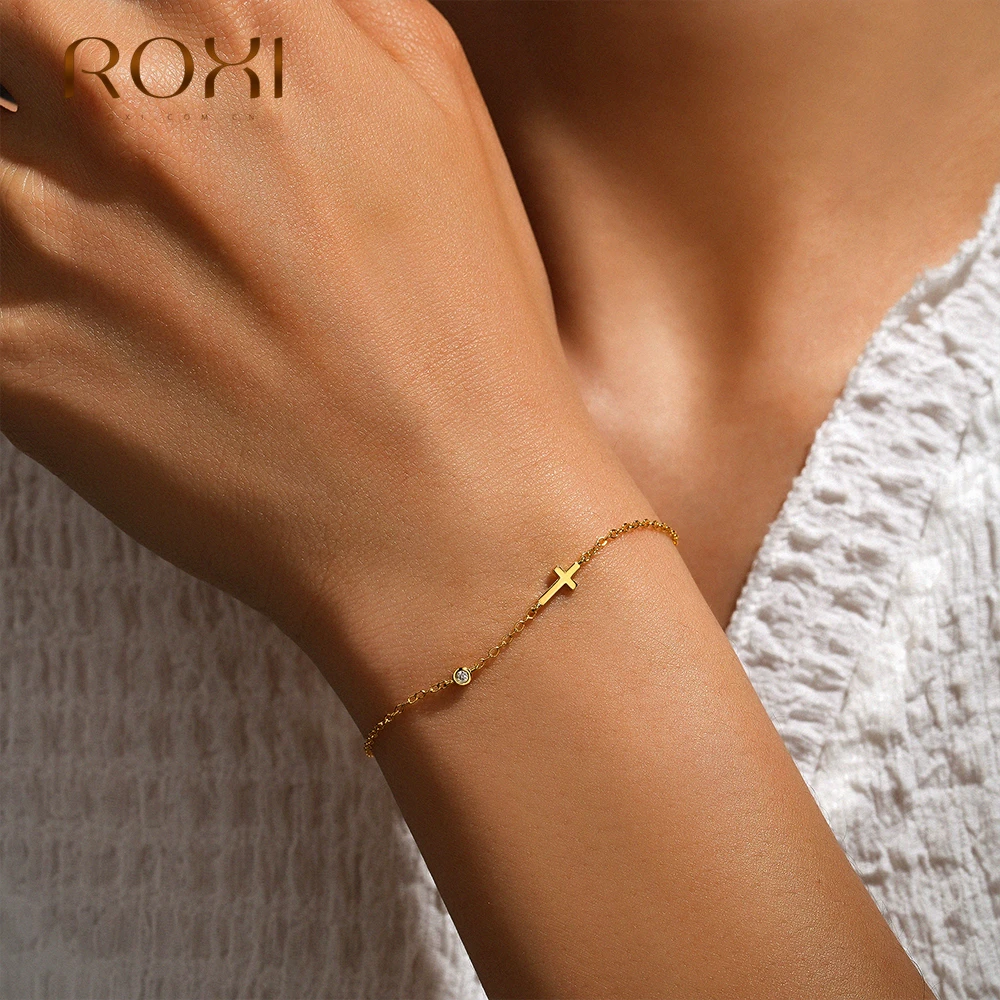 

ROXI 925 Sterling Silver Punk Cross Bracelet For Women Party Street 20cm Bangle Pulseras Plata 18k Gold /Silver Color Jewelry