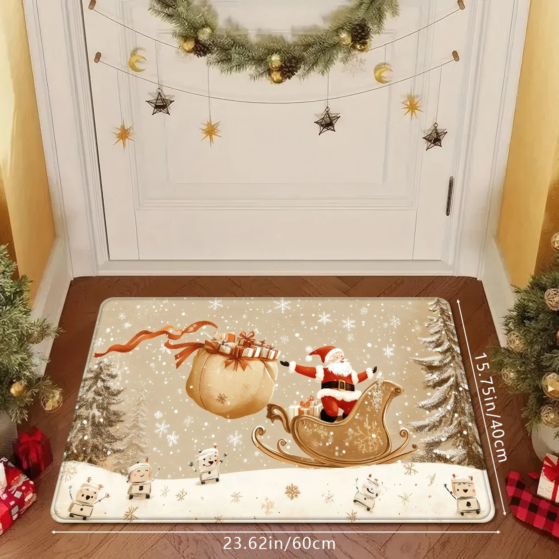 Vintage Santa Sleigh Christmas Shaped Rug Snowman Pine Tree Print Non Slip Washable Floor Mat Entryway Xmas Holiday Home Accent