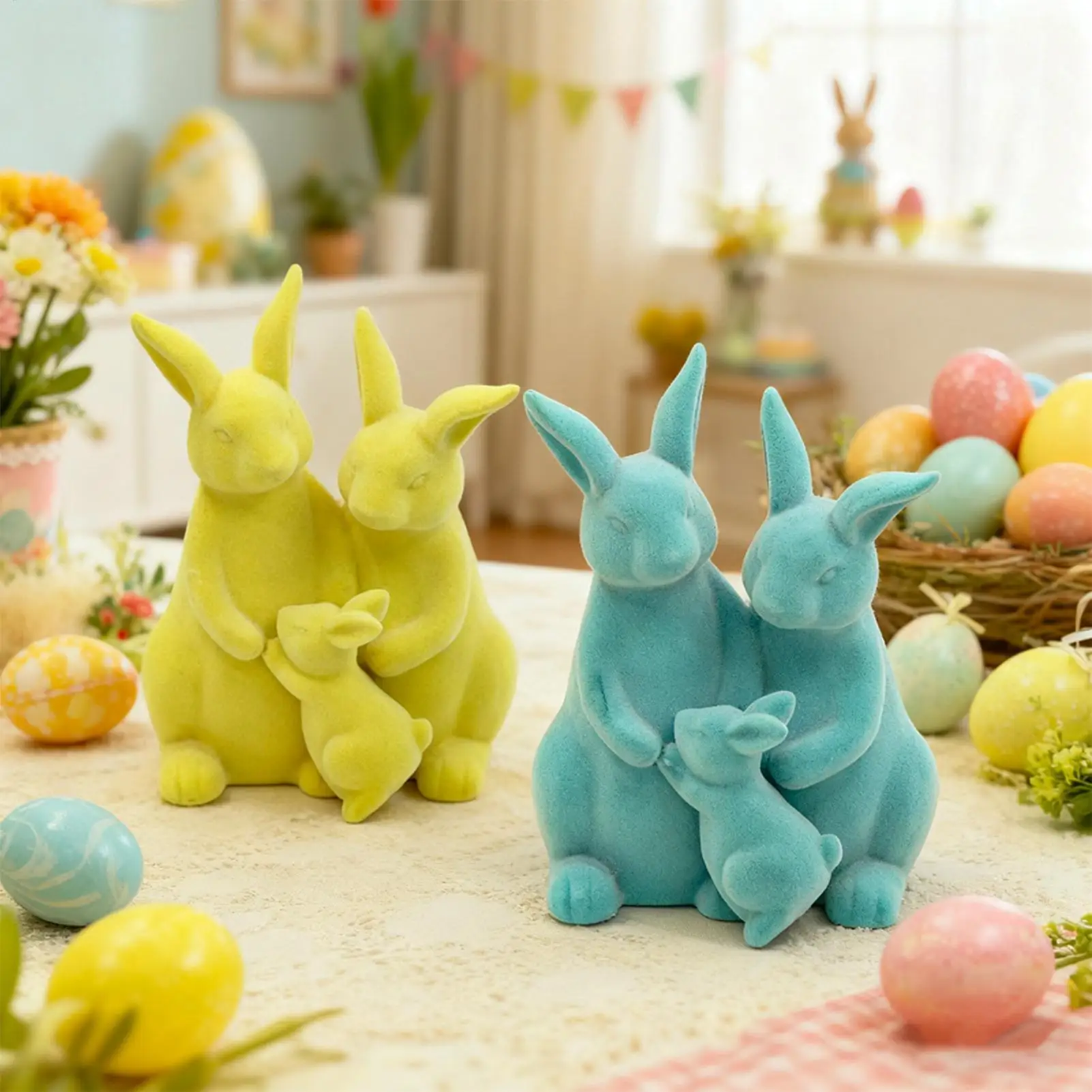 Flocked Bunny Figurine Easter Bunny Family Figurine Flocking Rabbit Tabletop Ornament For Holiday Indoor Home Dining Table Desk